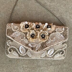 Vintage Clements Ribiero Ivory Beaded Clutch With Chain